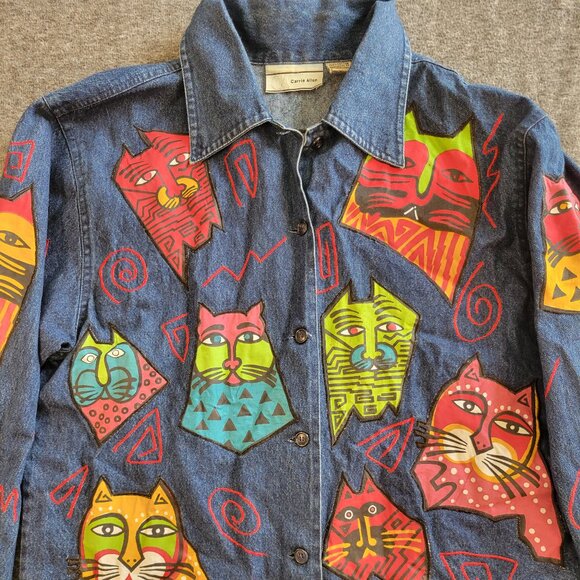 Vintage Cotton Denim Jacket w/ Custom Cat Applique Embroidery Sz M - Picture 2 of 10